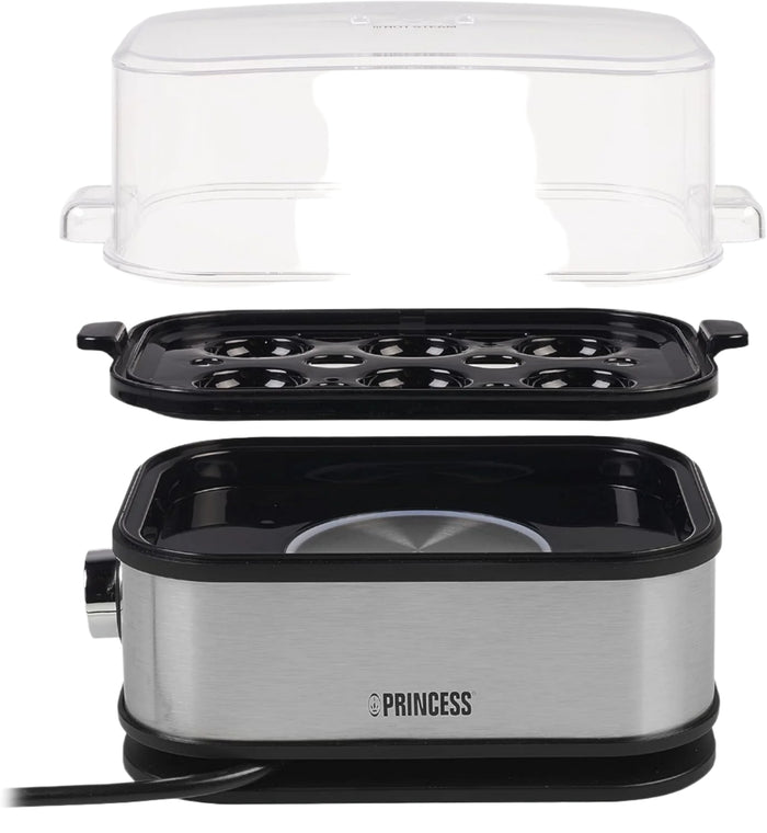 Portable grill with a transparent lid on a white background, featuring the brand 'Princess'.