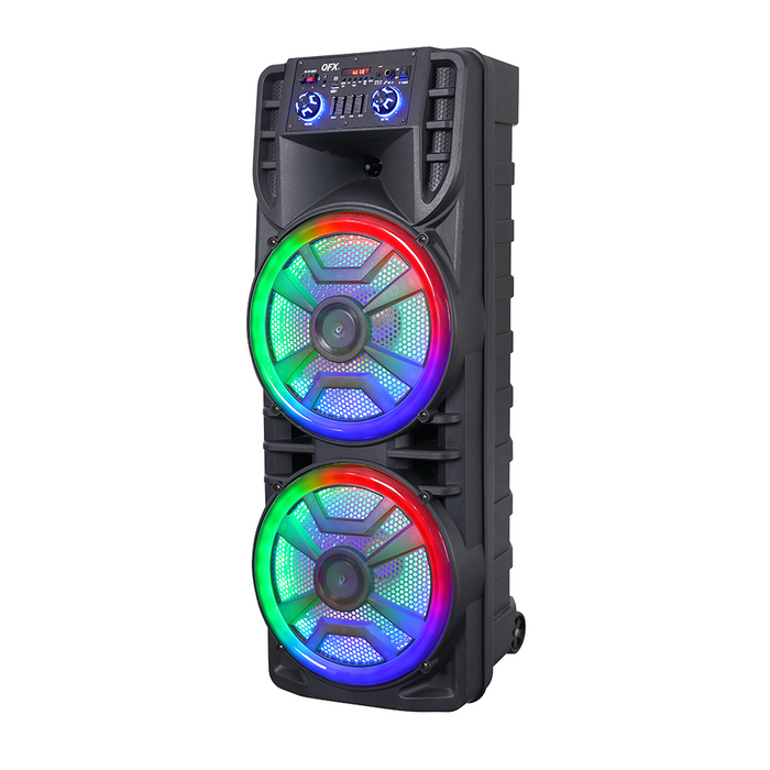 QFX DUAL 12â€ BLUETOOTH RECHARGEABLE SPEAKER WITH LED PARTY LIGHTS