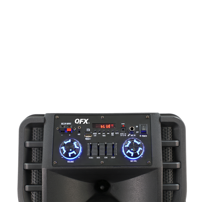 QFX DUAL 12â€ BLUETOOTH RECHARGEABLE SPEAKER WITH LED PARTY LIGHTS