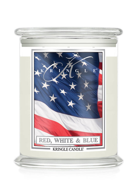 Kringle Candle Red, White & Blue, with American flag design on a white background