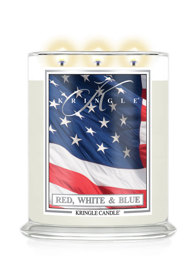 Red, White & Blue Kringle Candle with American flag design on a white background