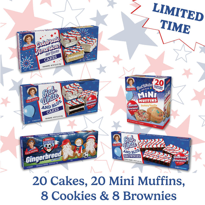 Assorted boxes of Red, White & Blue baked goods with a limited time offer on a star-patterned background.