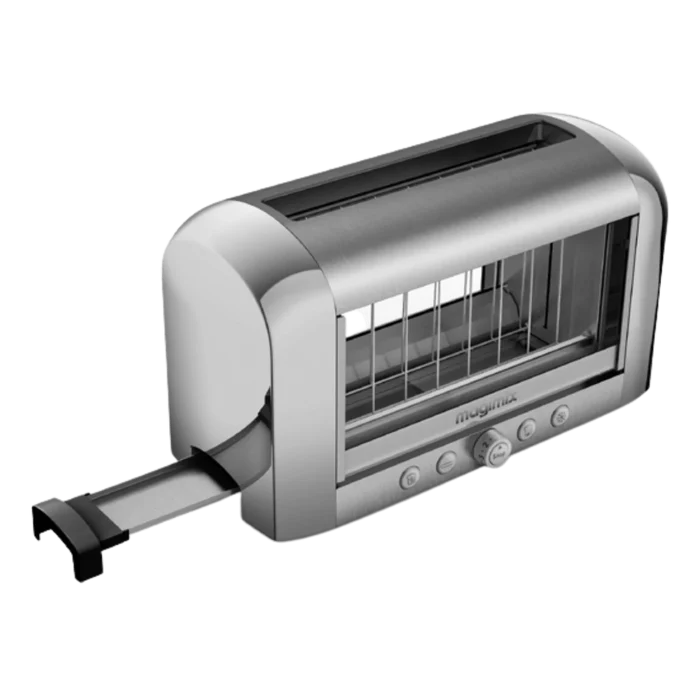 Magimix chrome vision toaster with crumb tray sliding out