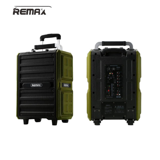 Green and black portable speaker with Remax branding on a white background