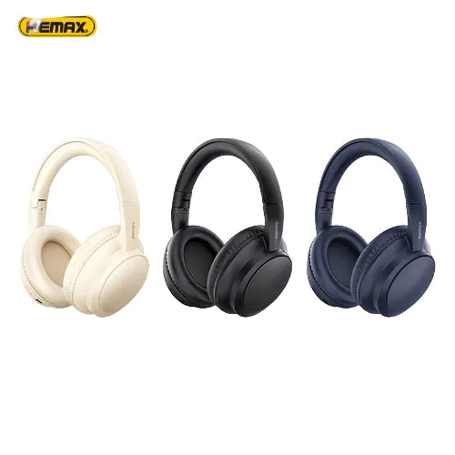 Three pairs of headphones in beige, black, and blue with Remax logo on a white background