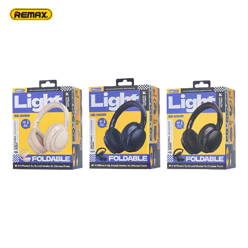Three boxes of Remax foldable headphones on a white background