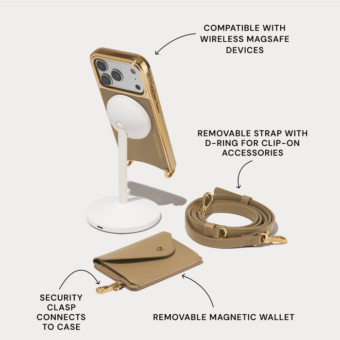Remi Chrome Magnet Wallet Crossbody Phone Case - Khaki/Chrome Gold