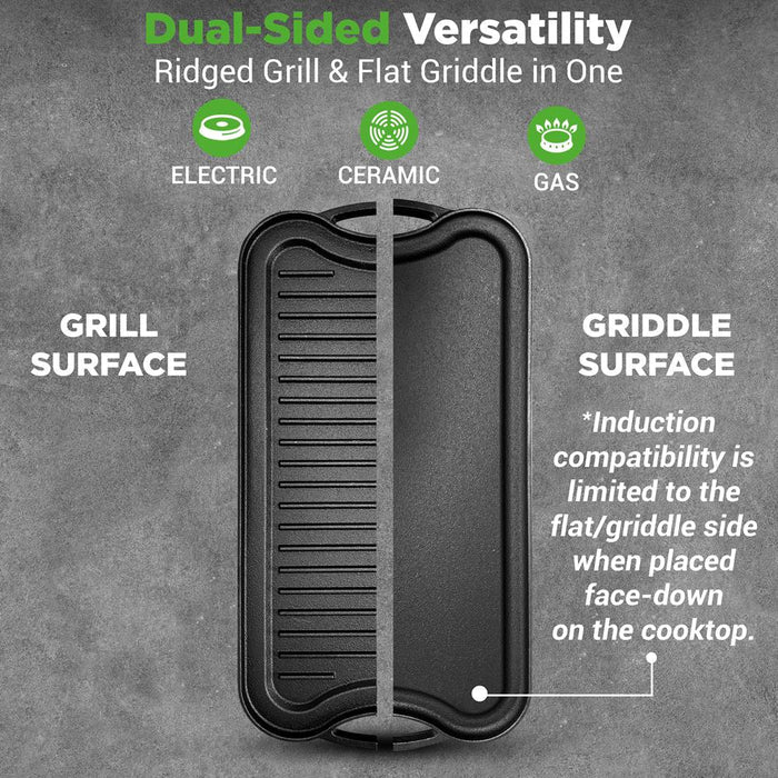 Reversible Cast Iron Griddle - Even Heat, Extra-Wide, Oven Safe
