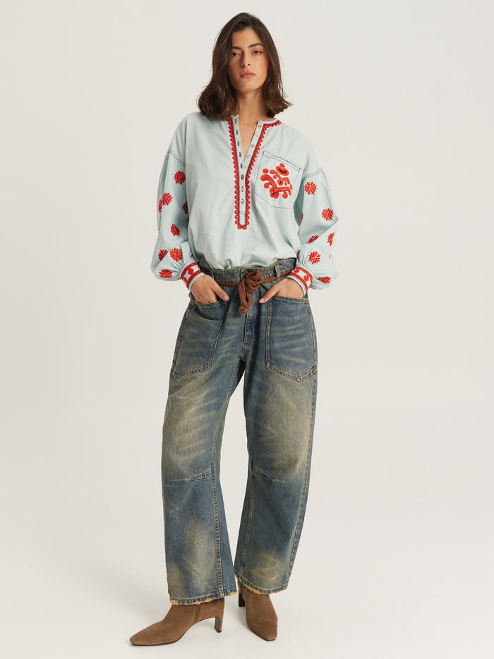 Robi Mid Blue Embroidered Denim Blouse