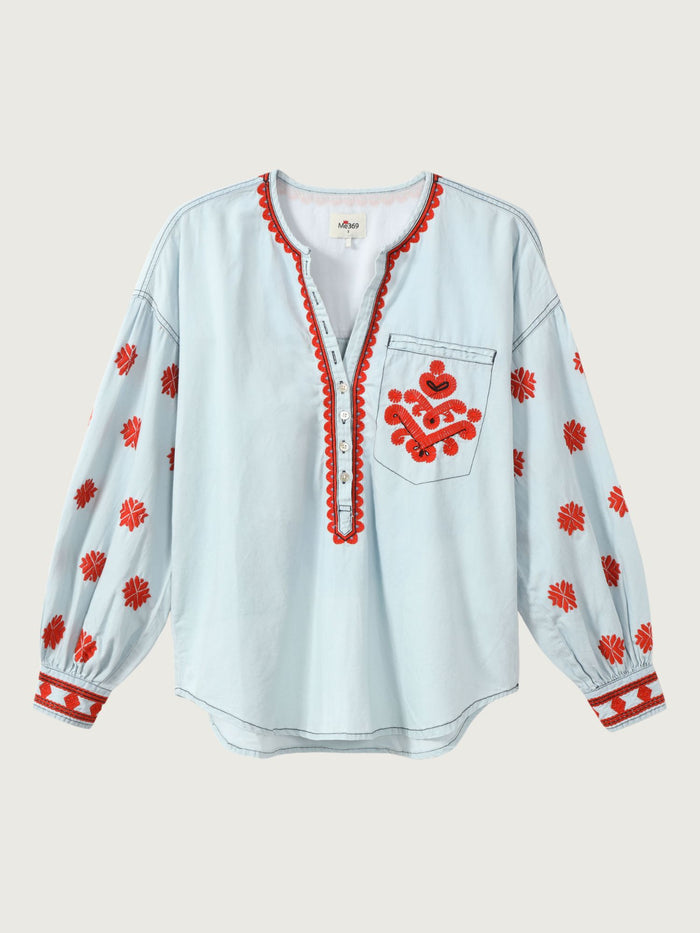Robi Mid Blue Embroidered Denim Blouse