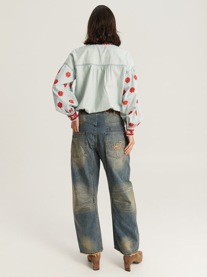 Robi Mid Blue Embroidered Denim Blouse