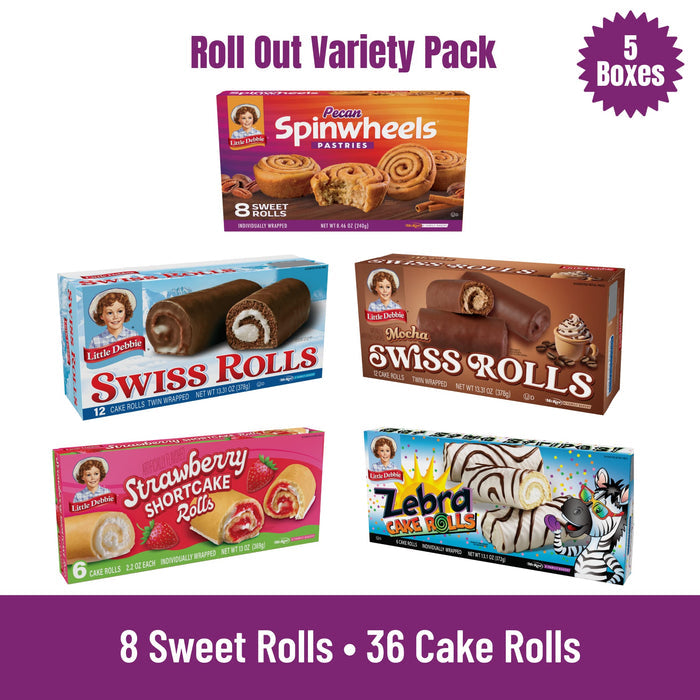 Five boxes of Little Debbie rolled treats and pastries under text reading Roll Out Variety Pack 5 Boxes.