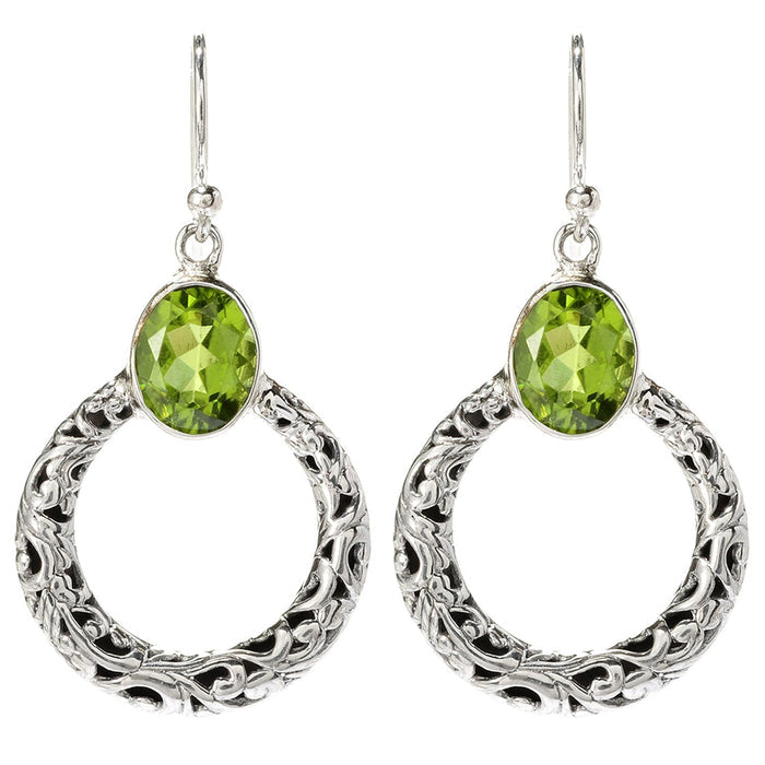 Samuel B. Sterling Silver Sacred Circle Peridot Earrings. Our Sterling Silver circle dangling earrings with peridot, handcrafted in Bali by our skilled artisans. From our signature collection, Royal Bali™ featuring designs handcrafted using sterling silver, solid 18k gold accents and genuine gemstones.