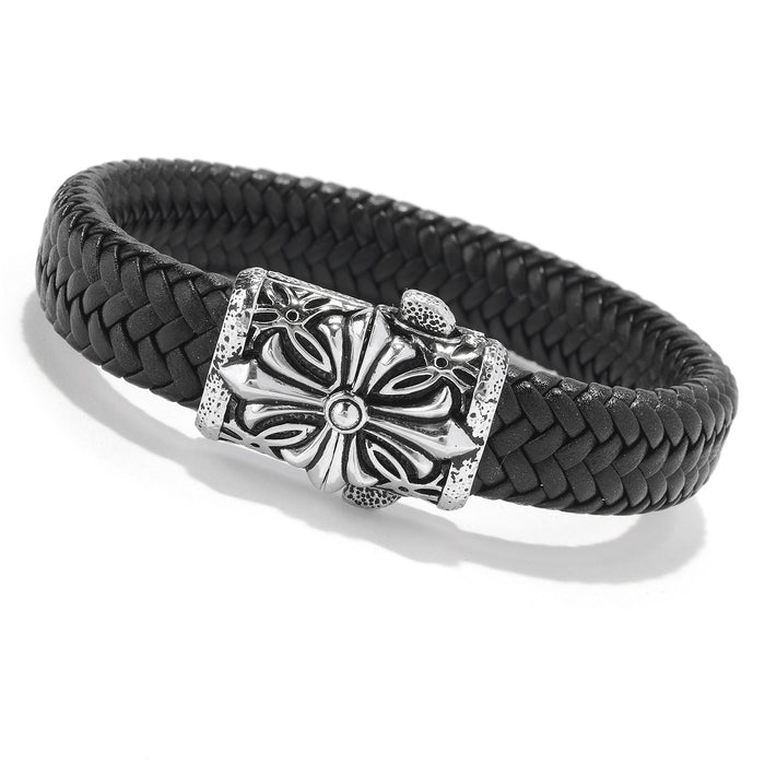 Samuel B Sterling Silver Cross on Woven Black Leather Bracelet
