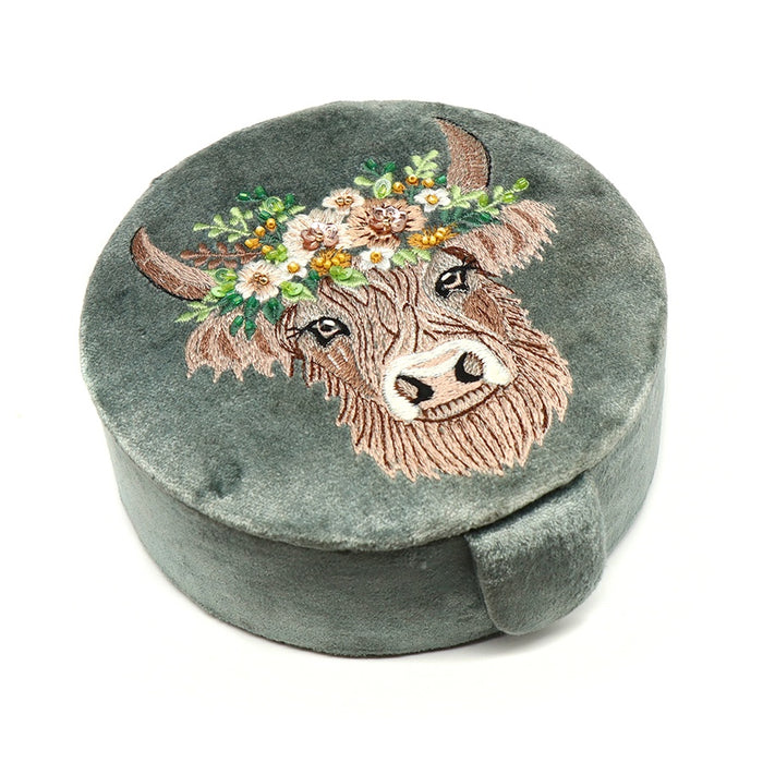 Seafoam Velvet Round Jewellery Box With Embroidered Highland Cow