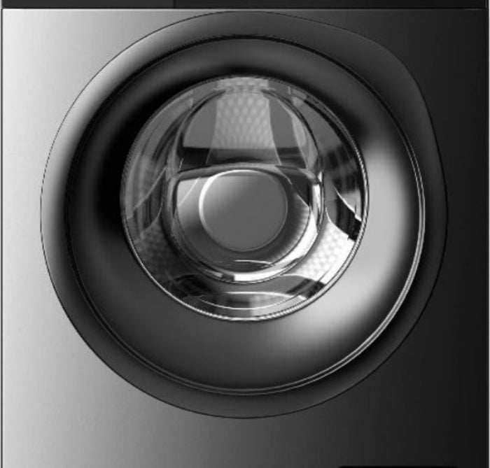 Close-up of a metallic appliance component with reflective surface