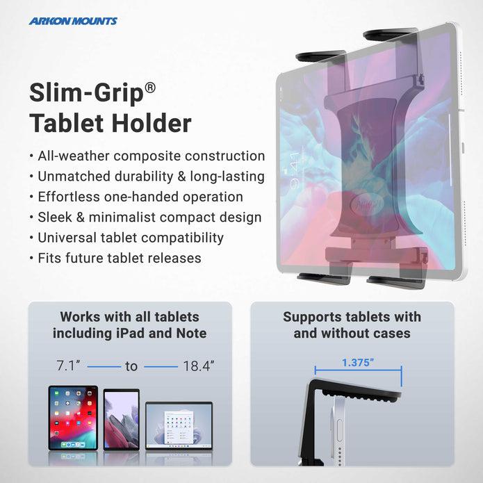 A promo for the Slim-Grip® Tablet Headrest Mount shows it securing a tablet in a car, with text highlighting its all-weather construction, compact design, and compatibility with various tablet sizes and cases.