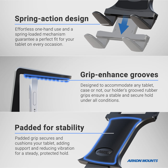 The Slim-Grip® Tablet Headrest Mount appears in three close-up views, showcasing its spring-action design, grip-enhanced grooves, and padded grip—ideal as a rear seat car tablet holder. Arkon Mounts logo is visible.