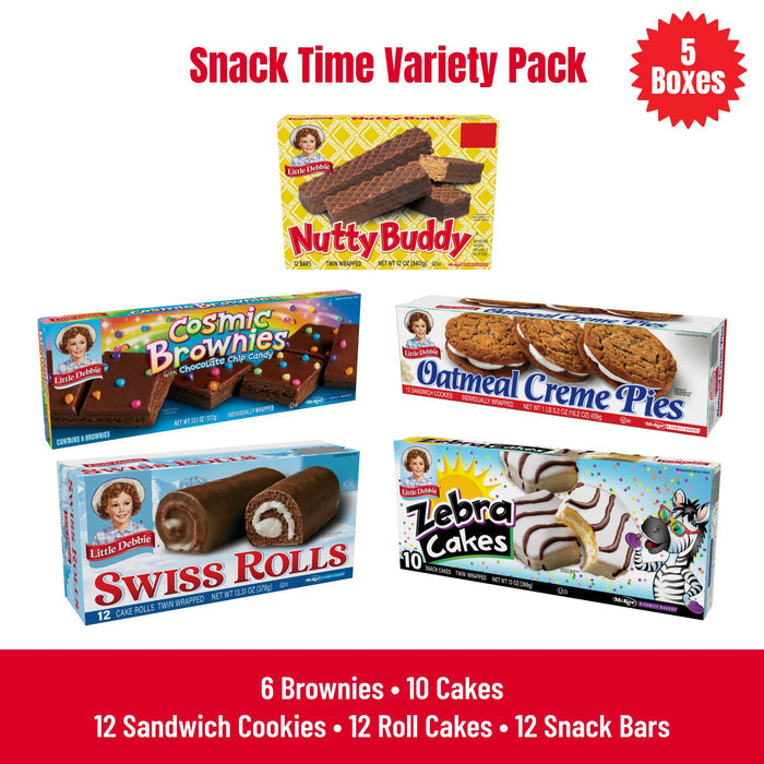 Five boxes of Little Debbie snacks arranged under text that reads Snack Time Variety Pack 5 Boxes.