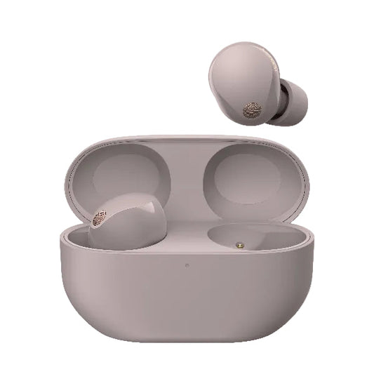 Gray wireless earbuds with charging case on a white background