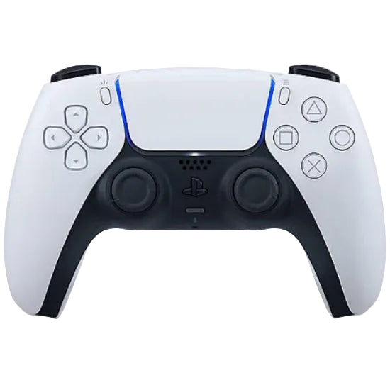 White gaming controller with black accents on a white background