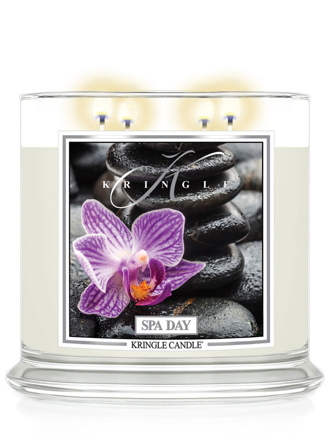 Kringle Candle Spa Day candle with orchid design on a white background