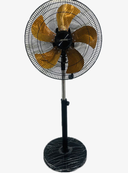 Black stand fan with gold blades on a white background