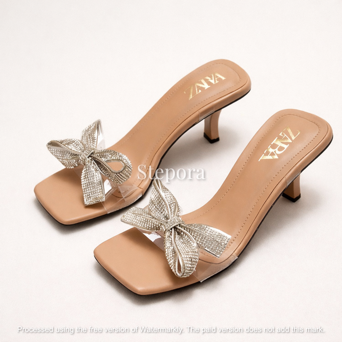 Sparkling Crystal Bow Square Toe Kitten Heels
