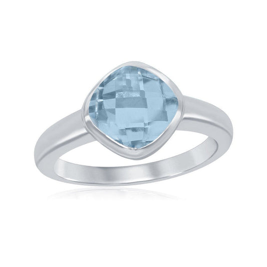 Sterling Silver Bezel Set Checkerboard Cut Blue Topaz Ring
