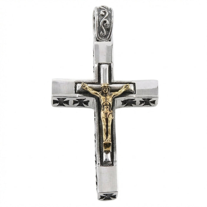 Front view of heavyweight sterling silver crucifix pendant featuring gold-plated Christ figure and Iron Cross biker motifs