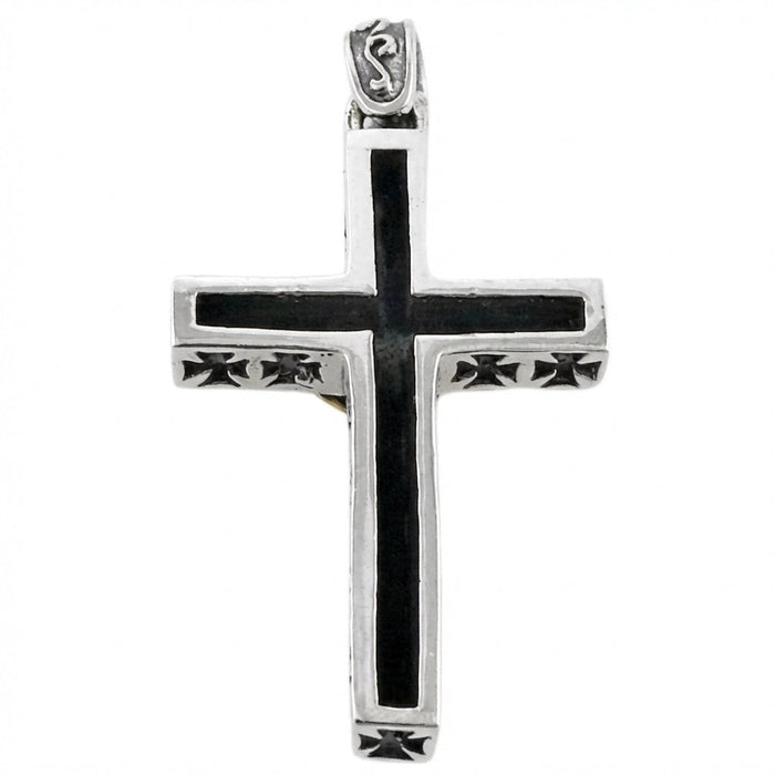 Reverse side of sterling silver crucifix pendant showing deep black inlay and Iron Cross cutout details