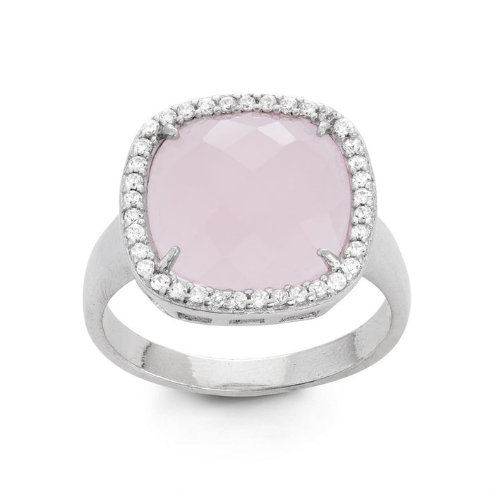 Sterling Silver Large Square Rose Quartz with CZ Halo Ring, Size 7 (