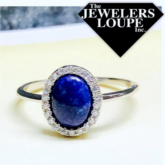 Sterling Silver Oval Lapis and CZ Halo Ring