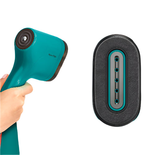 Turquoise handheld steamer with a close-up of the nozzle on a teal background.