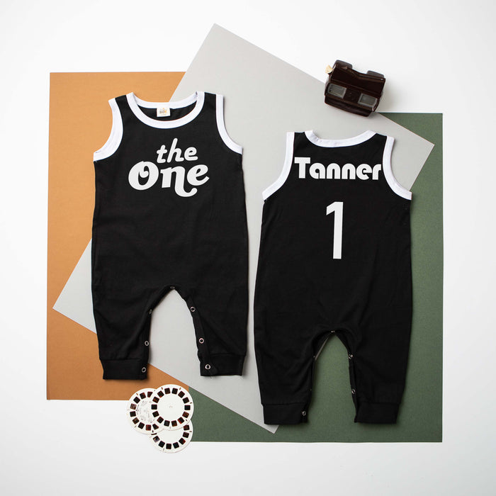 "The One" 1st Birthday Personalized Outfit | Retro Ringed Romper & Trucker Hat
