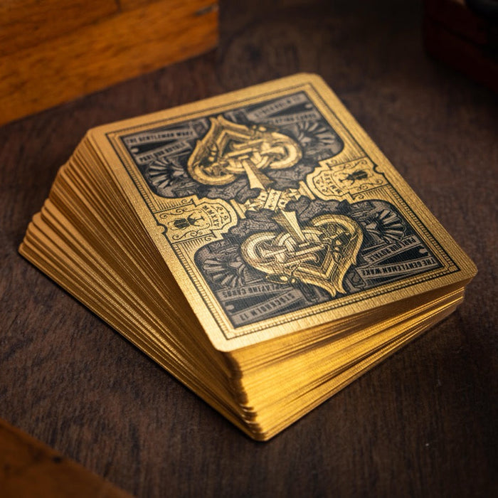 Stack of gold playing cards with intricate designs on a wooden surface