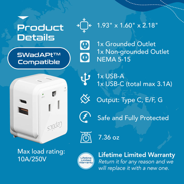 Travel Adapter Kit | Type C, E/F, G - USB & USB-C Ports + 2 US Outlets (PAK-EU)