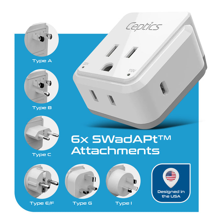Travel Adapter Set |  Type A, B, C, E/F, G, I - USB-C Port with PD + 2 US Outlets (PAK-30-WS)