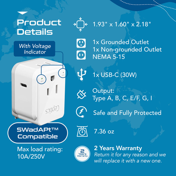 Travel Adapter Set |  Type A, B, C, E/F, G, I - USB-C Port with PD + 2 US Outlets (PAK-30-WS)
