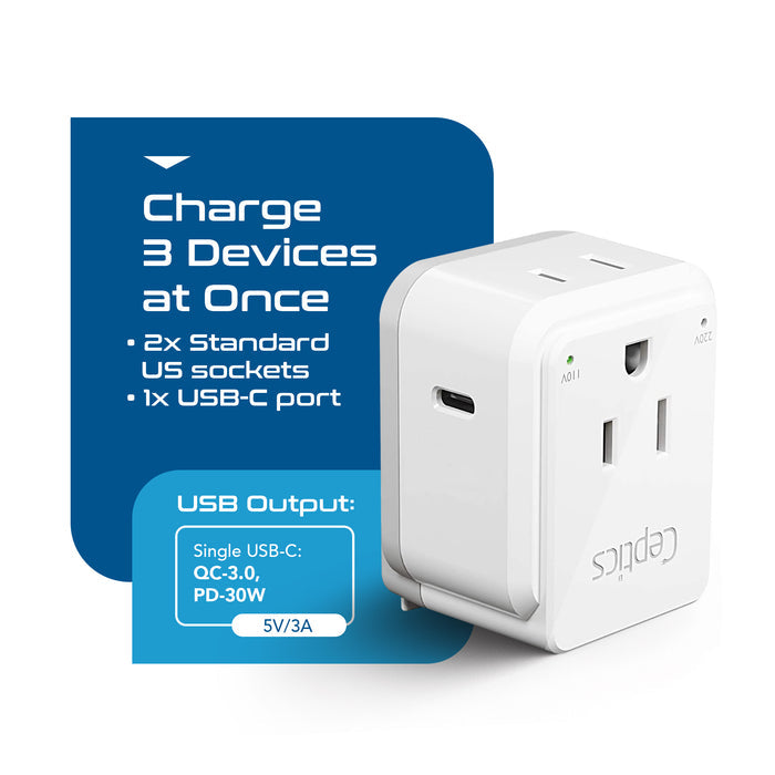Travel Adapter Set |  Type A, B, C, E/F, G, I - USB-C Port with PD + 2 US Outlets (PAK-30-WS)
