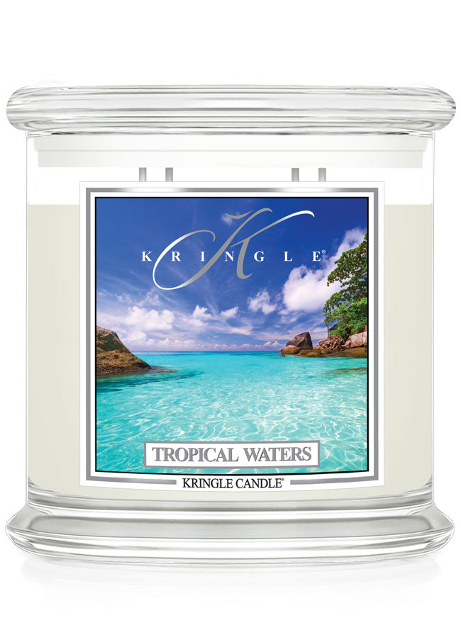 Kringle Candle with 'Tropical Waters' design on a white background