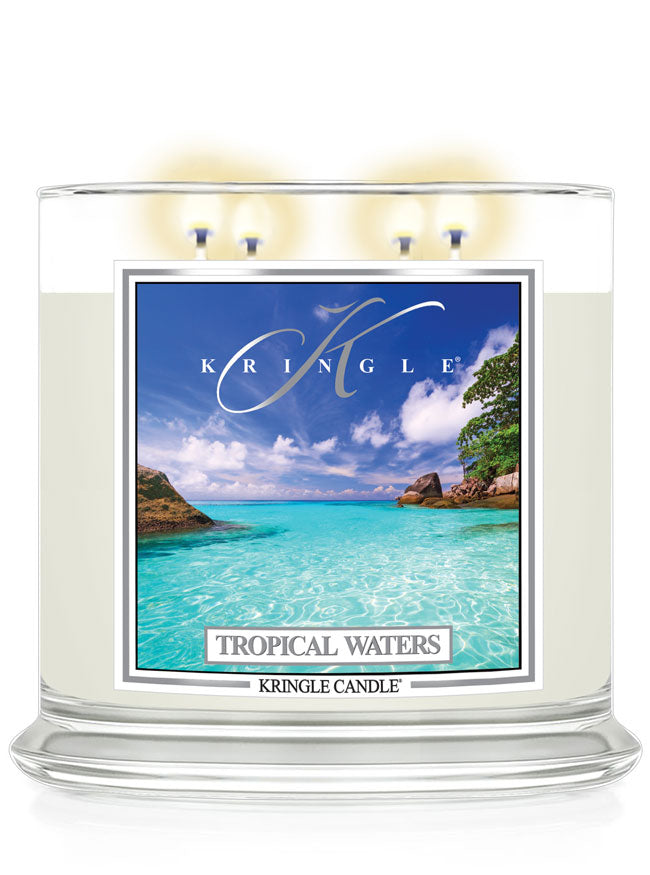 Kringle Candle with 'Tropical Waters' label on a white background