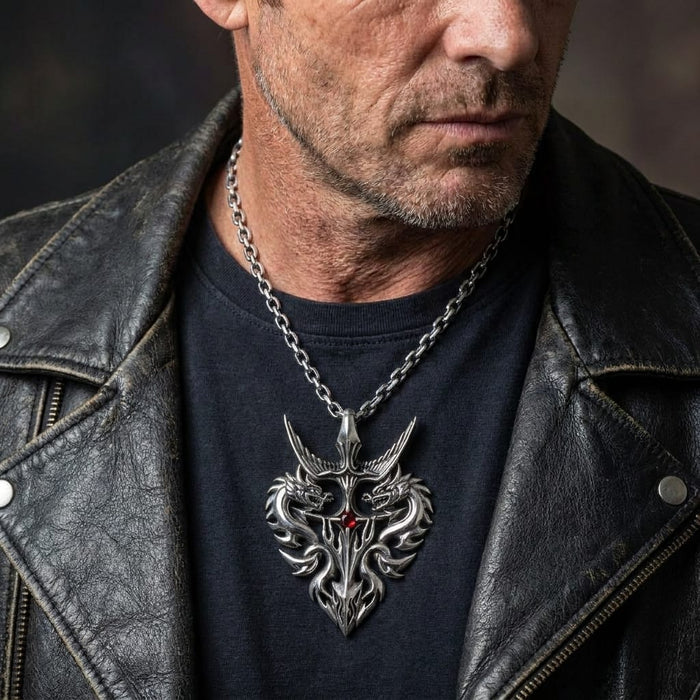 Close-up lifestyle shot of a rugged male model wearing a distressed black leather biker jacket and a detailed silver twin guardian dragon pendant necklace featuring a central red garnet gemstone.