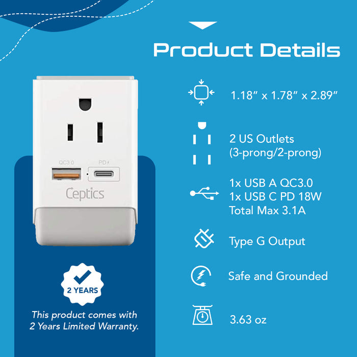 UK, England Travel Adapter | Type G - USB-A & USB-C Ports + 2 USA Outlet (AP-7)