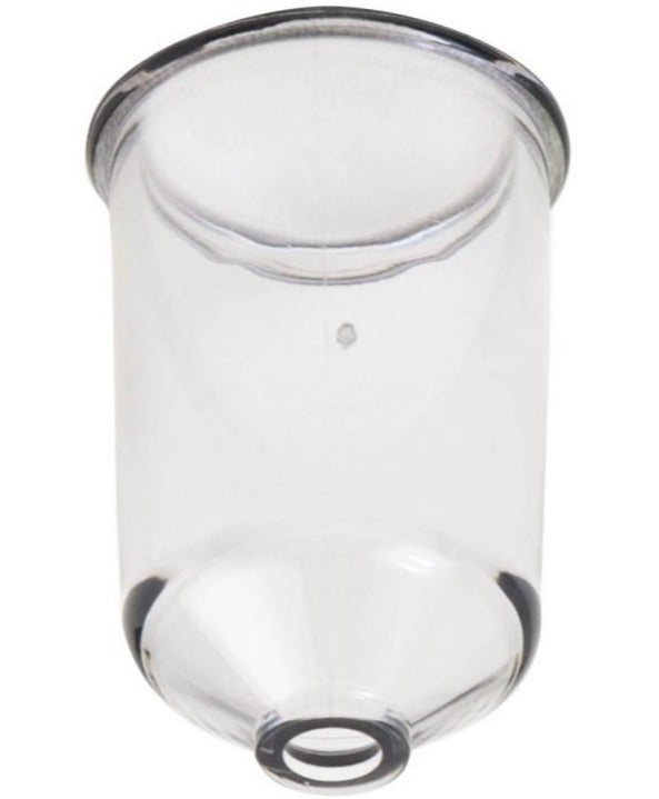 Clear plastic funnel insert for the Bosch universal plus blender lid on a white background