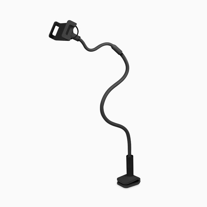 Black flex smartphone and tablet mount with adjustable cradle head and base stand