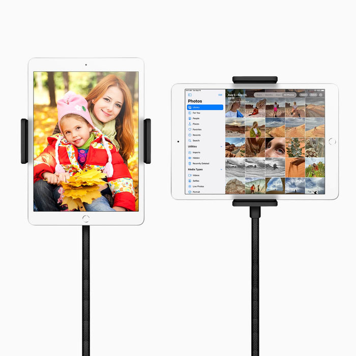 Flex mount holding a tablet and smartphone with side clamp brackets