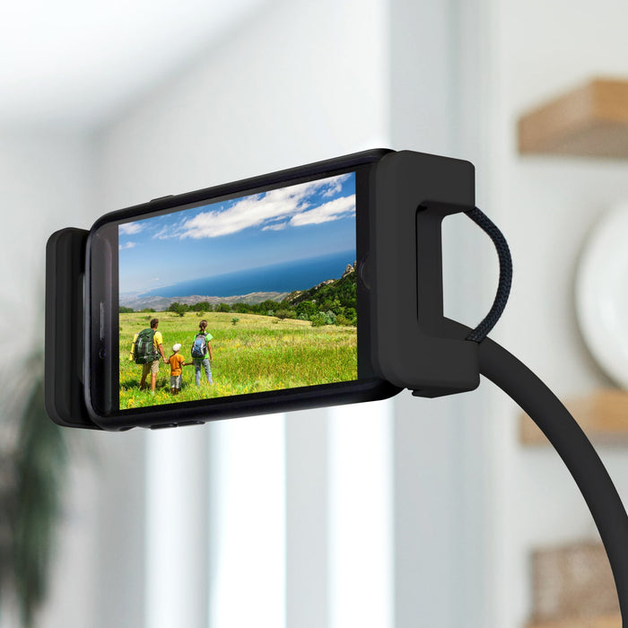 Black phone clamp on a flexible arm for secure screen viewing