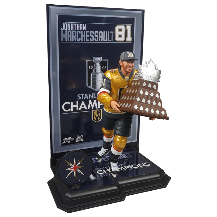 Hockey player figurine holding the Stanley Cup, celebrating Vegas Golden Knights victory