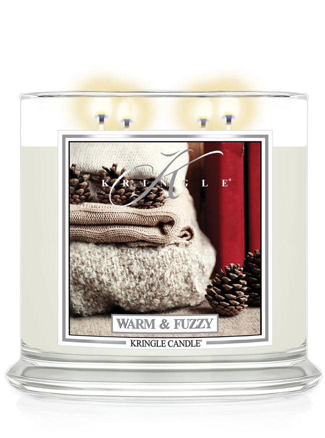 Kringle Candle with 'Warm & Fuzzy' label on a white background